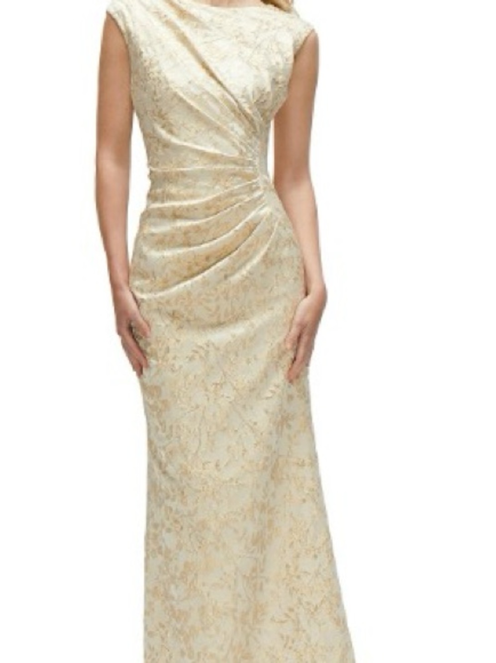 Dessy Collection Cream and Gold Brocade Long Sleeve Gown